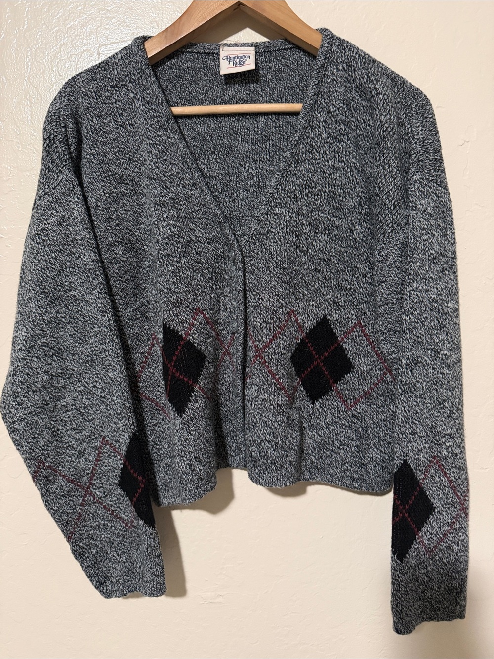 🔥Vintage 90s Huntingtone Ridge Argyle Cropped Cardigan Sweater One Size